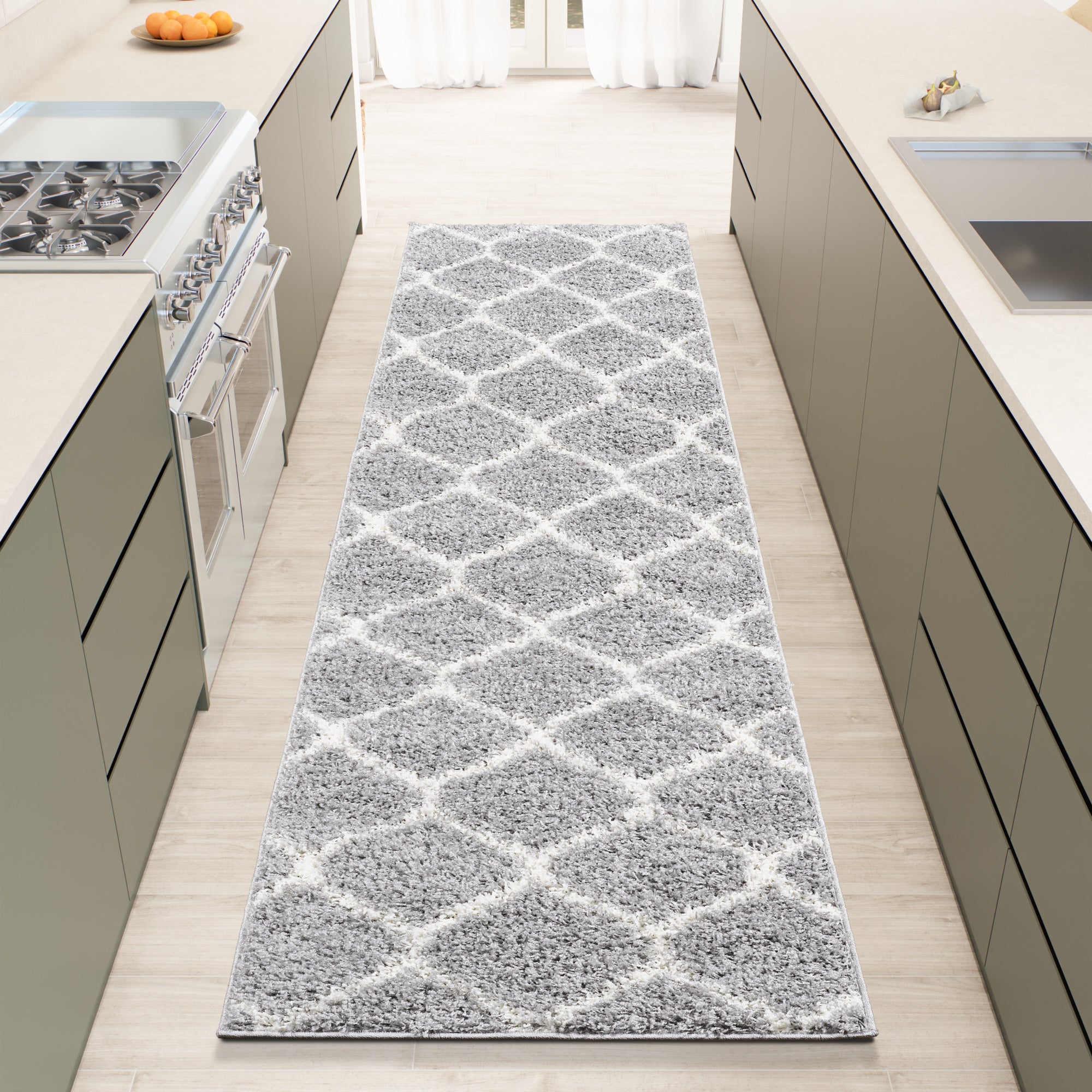 Shaggy Rug Lined Trellis Grey/Ivory