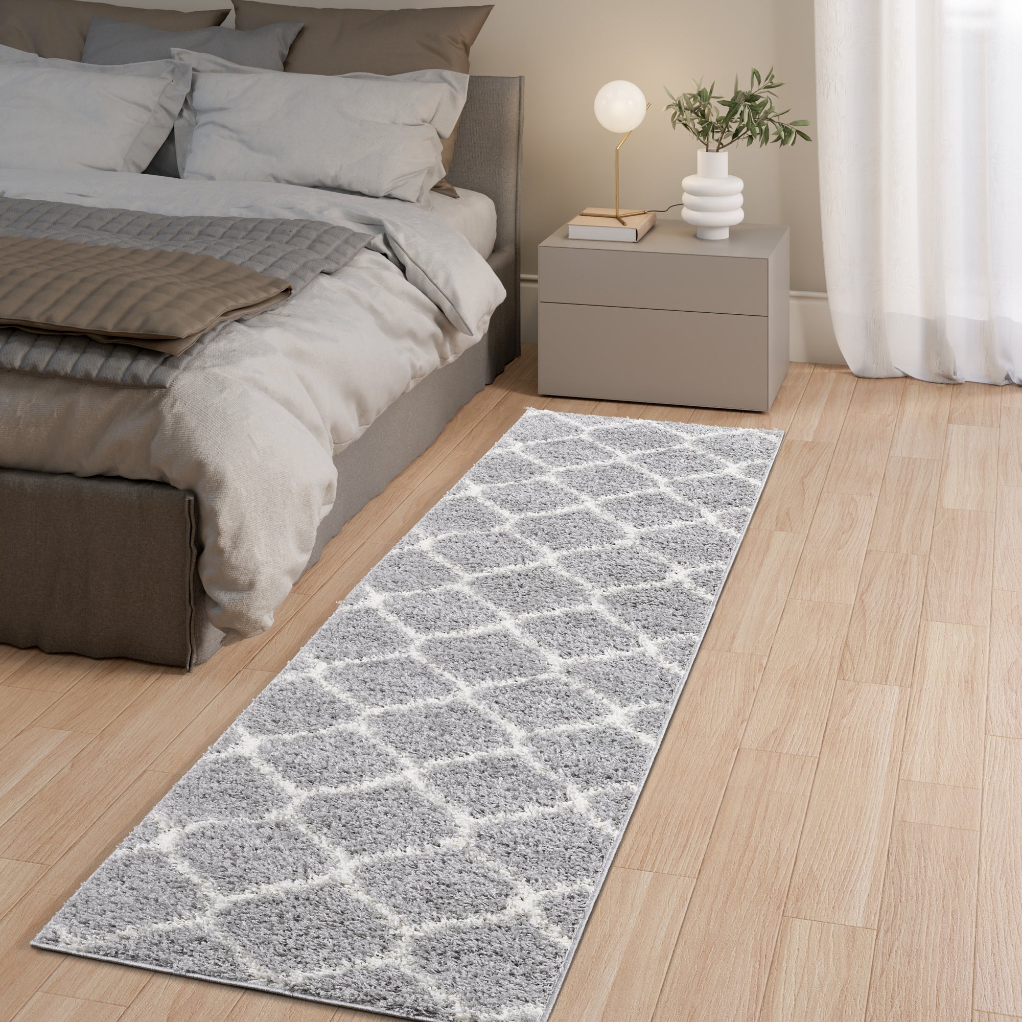 Shaggy Rug Lined Trellis Grey/Ivory