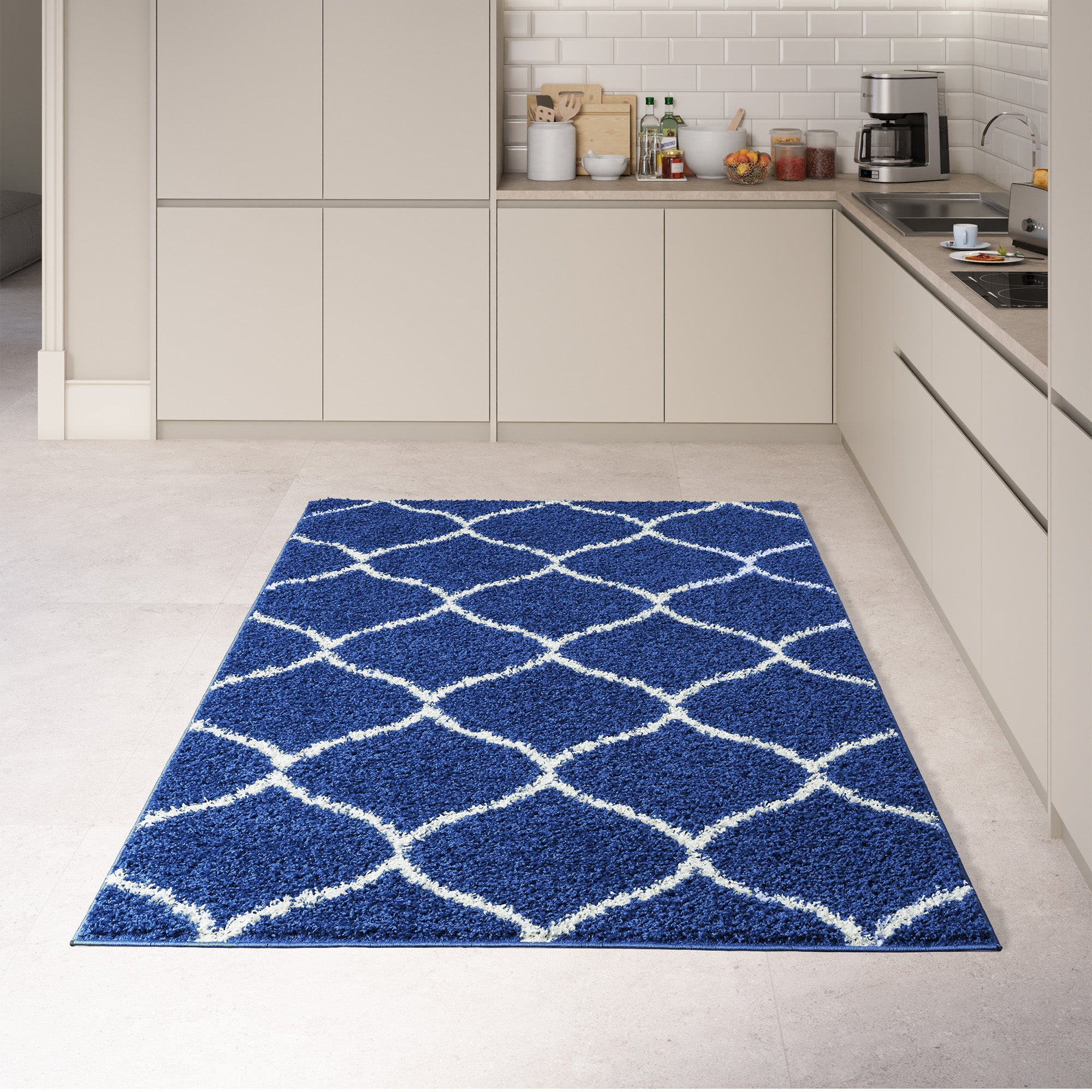 Shaggy Rug Lined Trellis Navy/Ivory