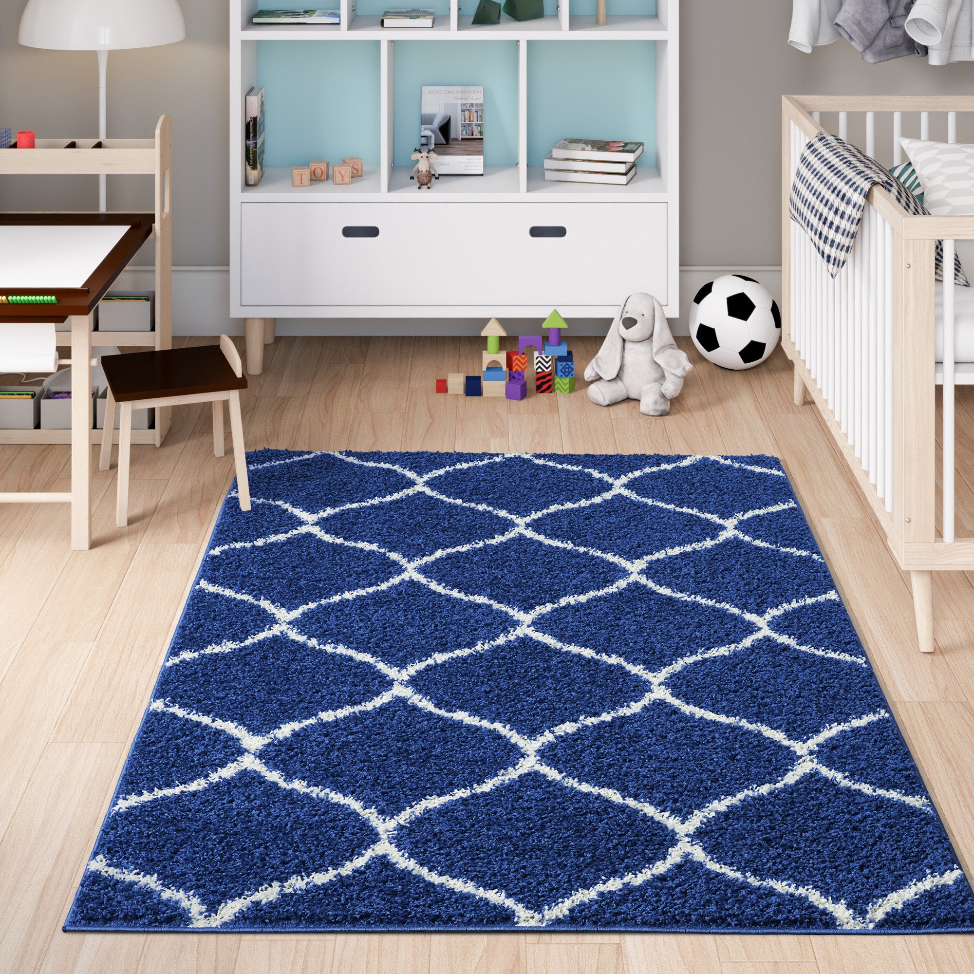 Shaggy Rug Lined Trellis Navy/Ivory