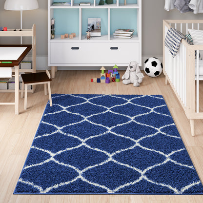 Shaggy Rug Lined Trellis Navy/Ivory