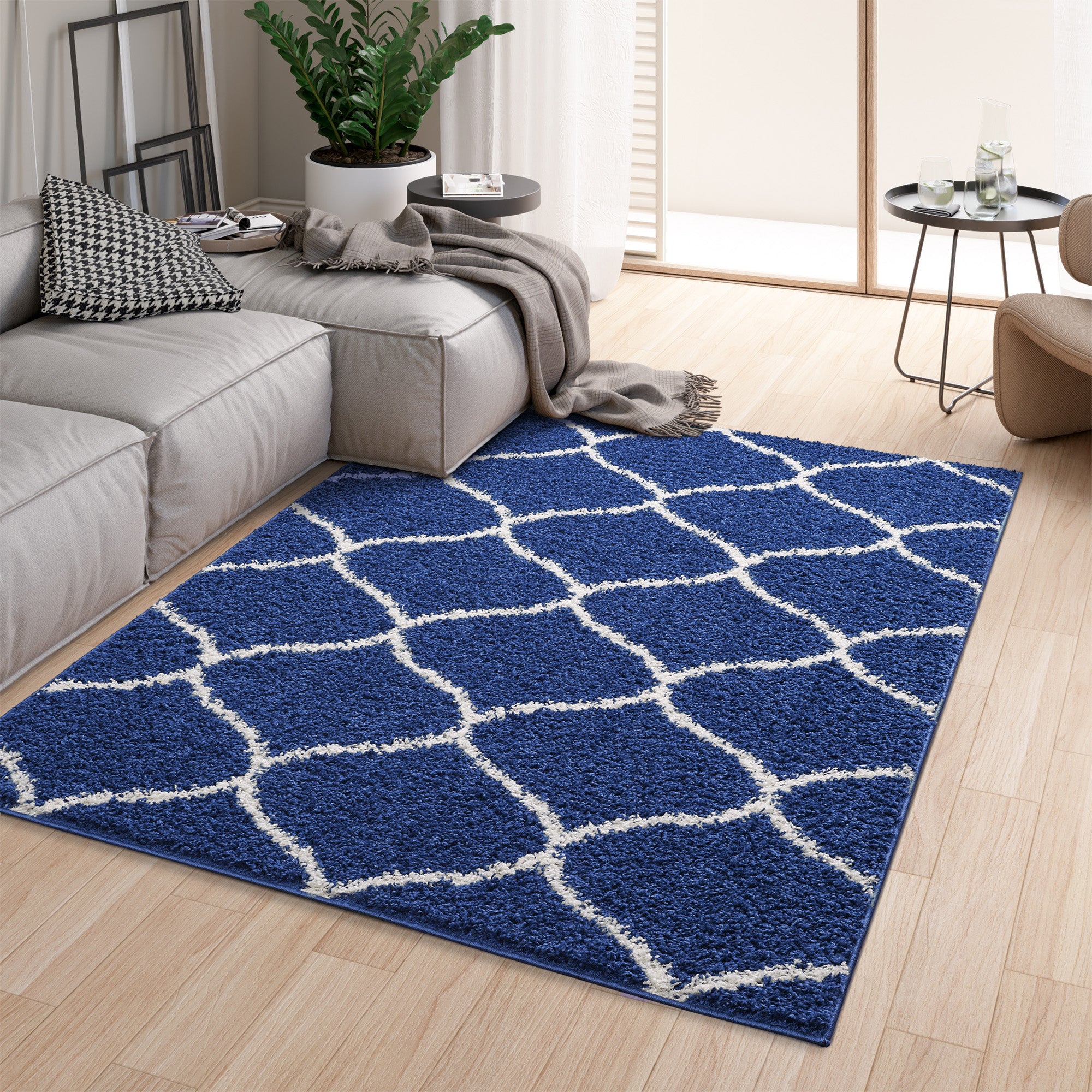 Shaggy Rug Lined Trellis Navy/Ivory