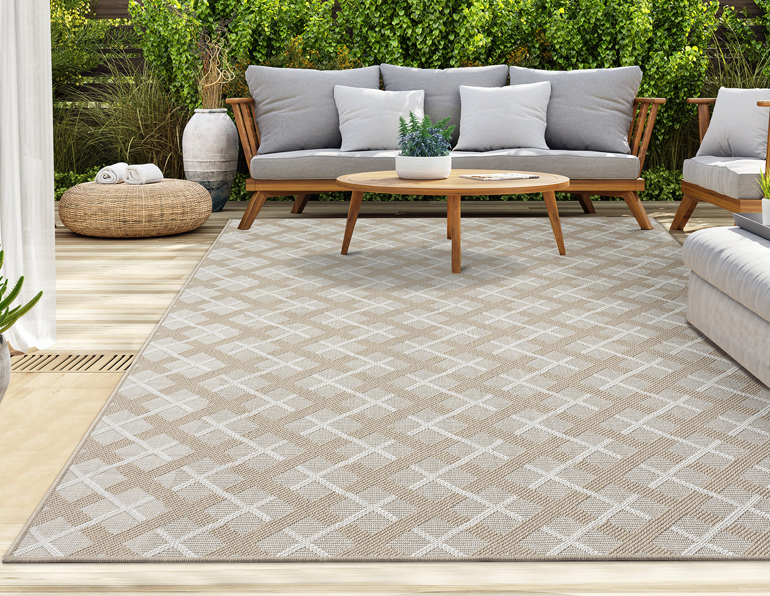 Outdoor Rugs Lined Collection Beige Cream