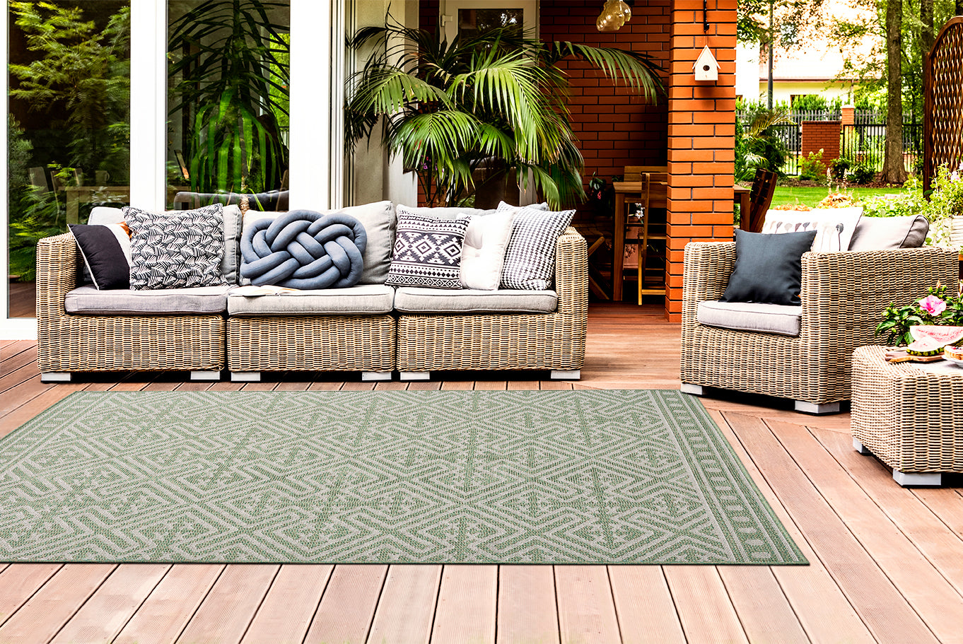 Outdoor Rugs Medallion Collection Green Cream