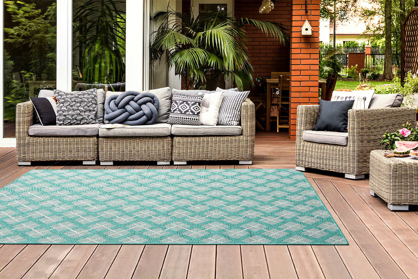 Outdoor Rugs Lined Collection Aqua Cream